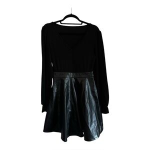Cupshe Black Long Sleeve V-Neck Ribbed Top Faux Leather Skirt Mini Dress Size M